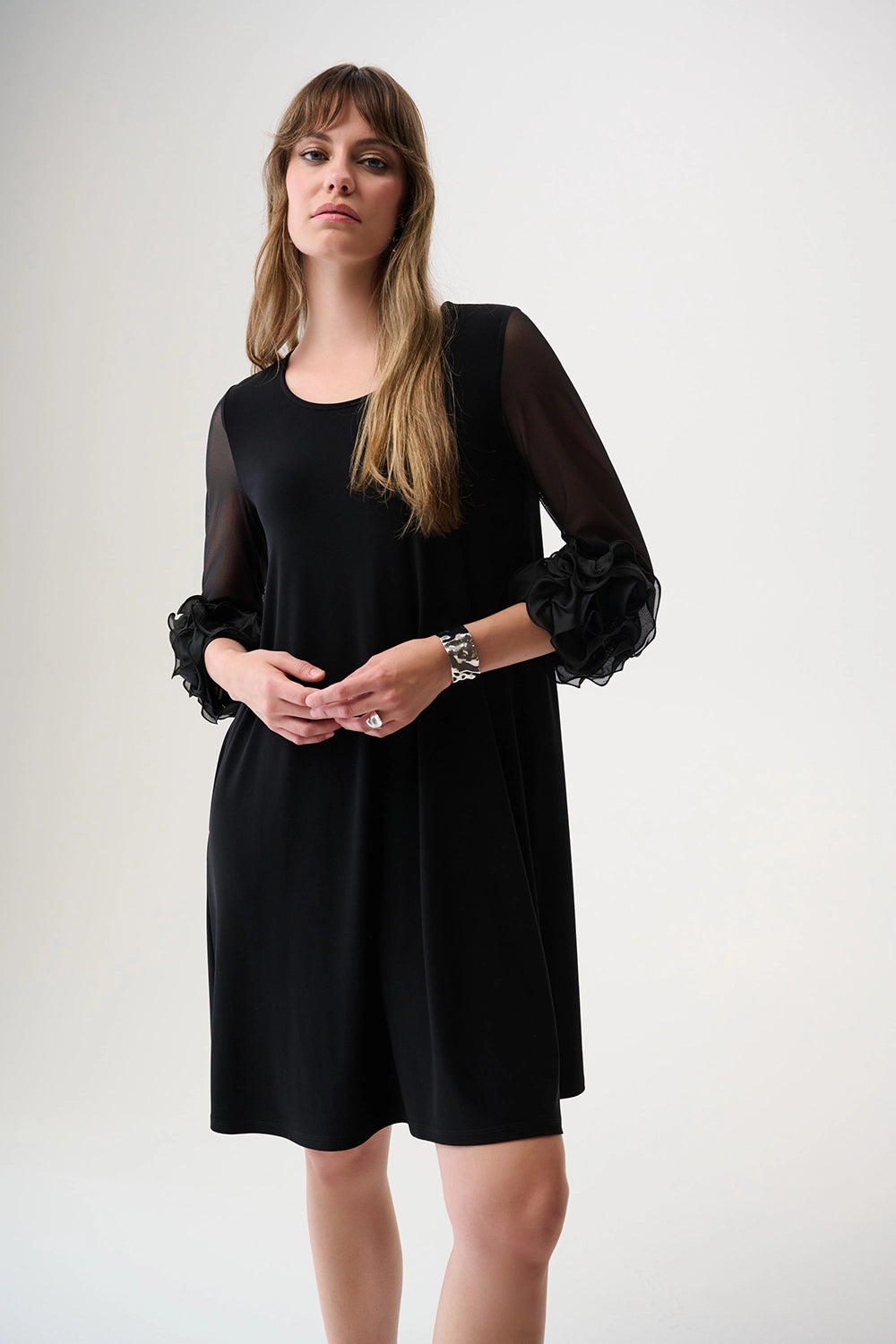 Joseph Ribkoff Silky Knit and Mesh A-Line Dress With Ruffled Trim Jr26   Bacio Collection