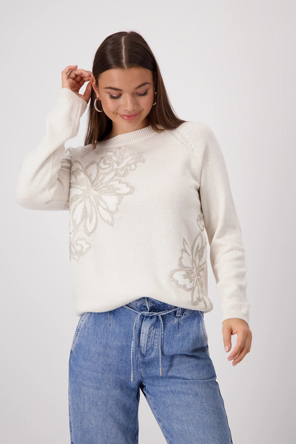 Monari Rib Split Collar Jumper With Sequin Cuff Black