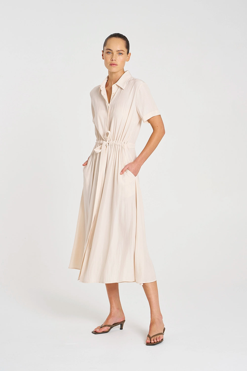 Mela Purdie Draw Waist T Dress in Meringue F67 3007 - Pre-Order September Delivery