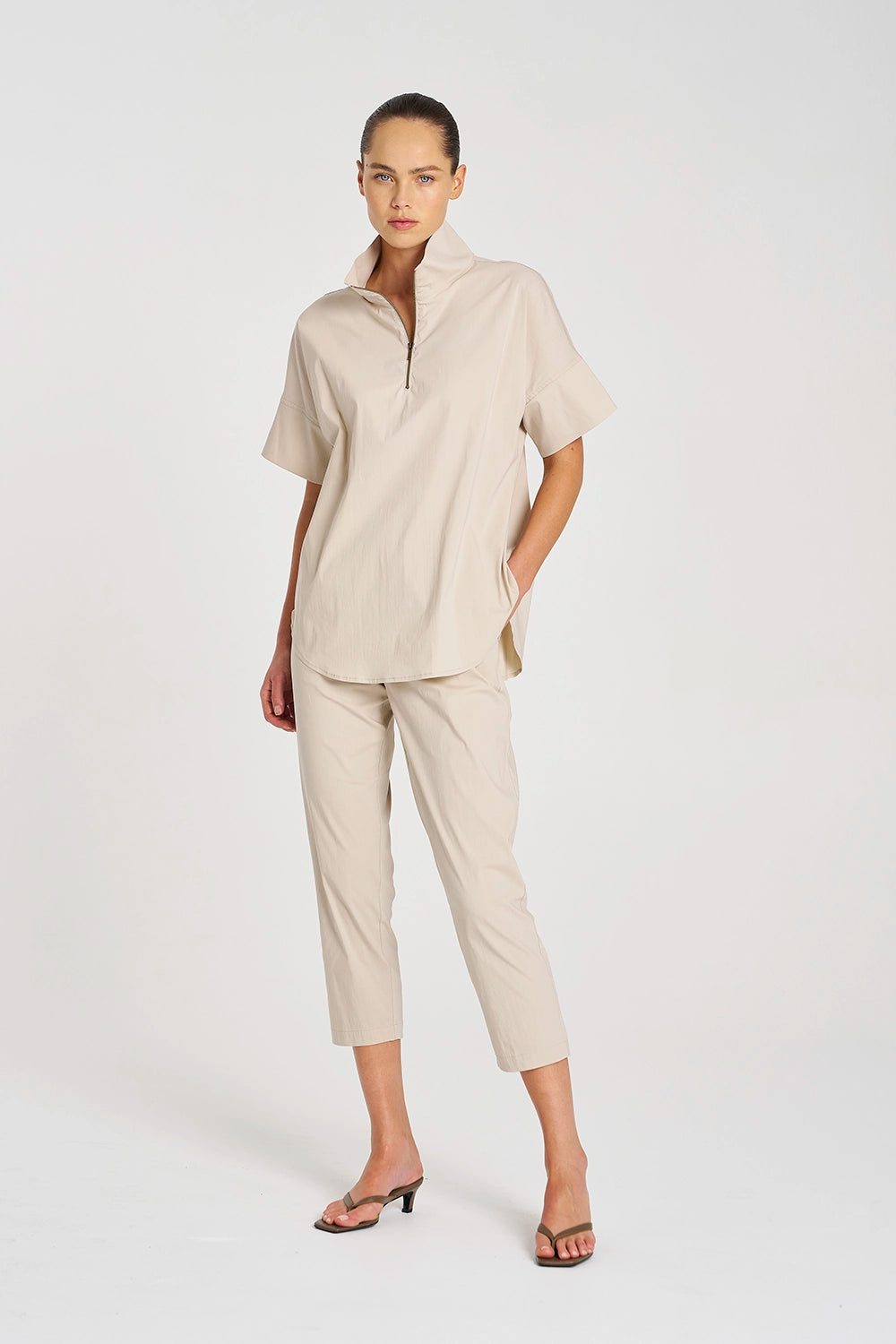 Mela Purdie Half Zip Shirt in Biscotti F65 8572 - Pre-Order September Delivery