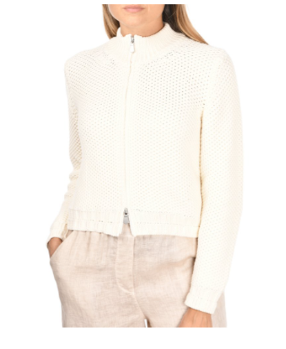 Gran Sasso Waffle Stitch Cotton Zip Cardigan in Cream 10225-18425