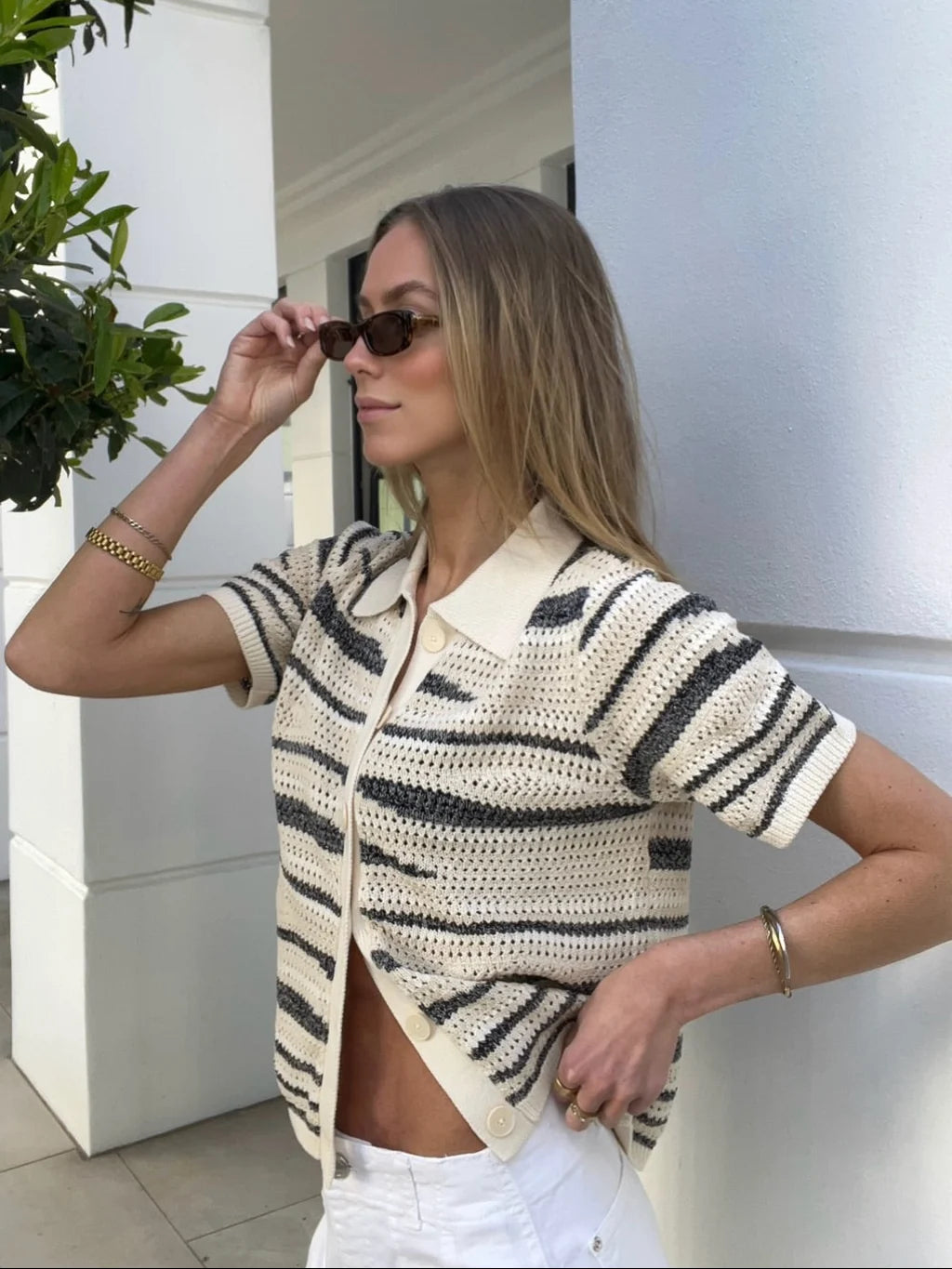 Mos Mosh Une Wave SS Knit Cardigan in Ecru 180370