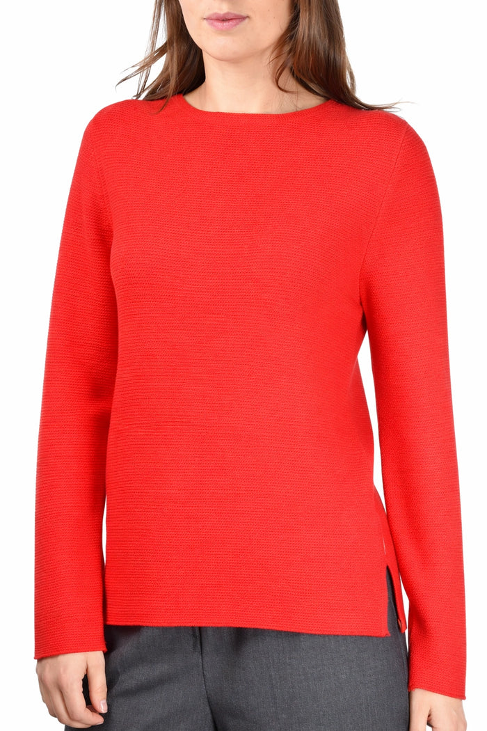 Gran Sasso Merino Crew Neck Knit with Side Splits in Red  23268-14264