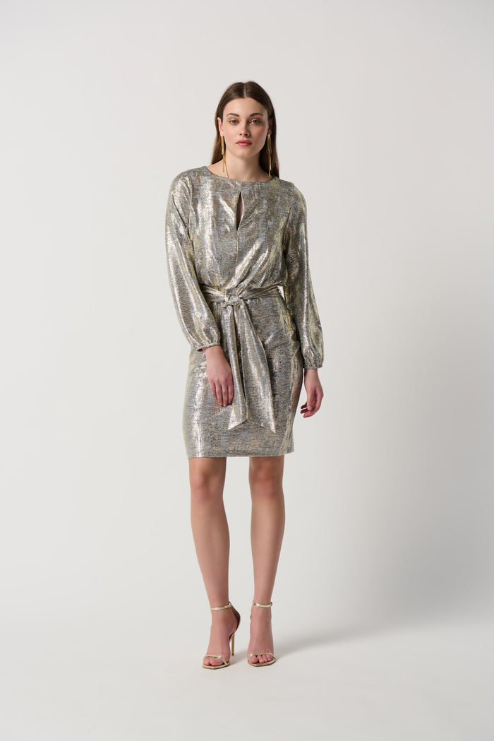 Joseph Ribkoff Foiled Knit Sheath Dress With Puff Sleeves Jr234058