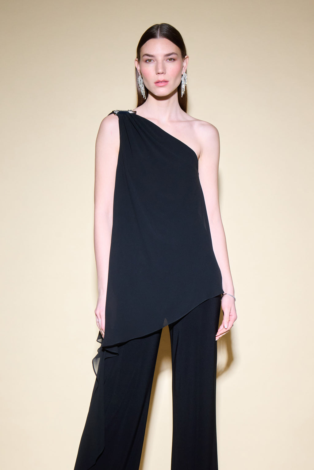 Joseph Ribkoff Silky Knit And Chiffon One Shoulder Jumpsuit With Cape Jr234707