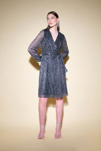 Joseph Ribkoff Pleated Foil Wrap Dress With Waist Sash Jr234709
