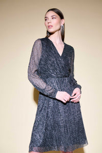 Joseph Ribkoff Pleated Foil Wrap Dress With Waist Sash Jr234709