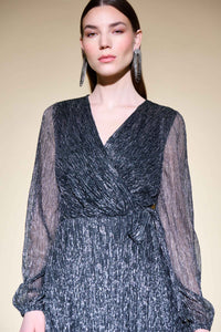 Joseph Ribkoff Pleated Foil Wrap Dress With Waist Sash Jr234709