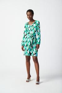 Joseph Ribkoff Geometric Print Satin Belted Dress Jr241162