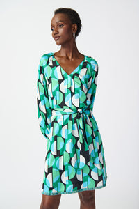 Joseph Ribkoff Geometric Print Satin Belted Dress Jr241162