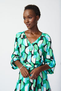 Joseph Ribkoff Geometric Print Satin Belted Dress Jr241162