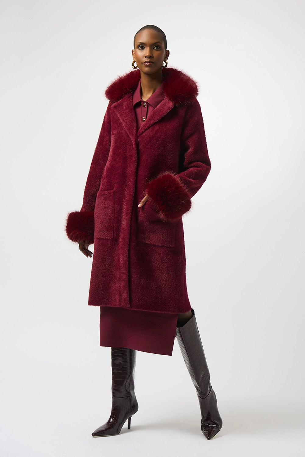 Joseph Ribkoff Feather Yarn and Faux Fur Sweater Coat Jr243923F25