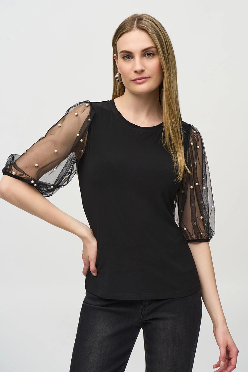 Joseph Ribkoff Silky Knit Top With Embellished Mesh Slv Jr244189