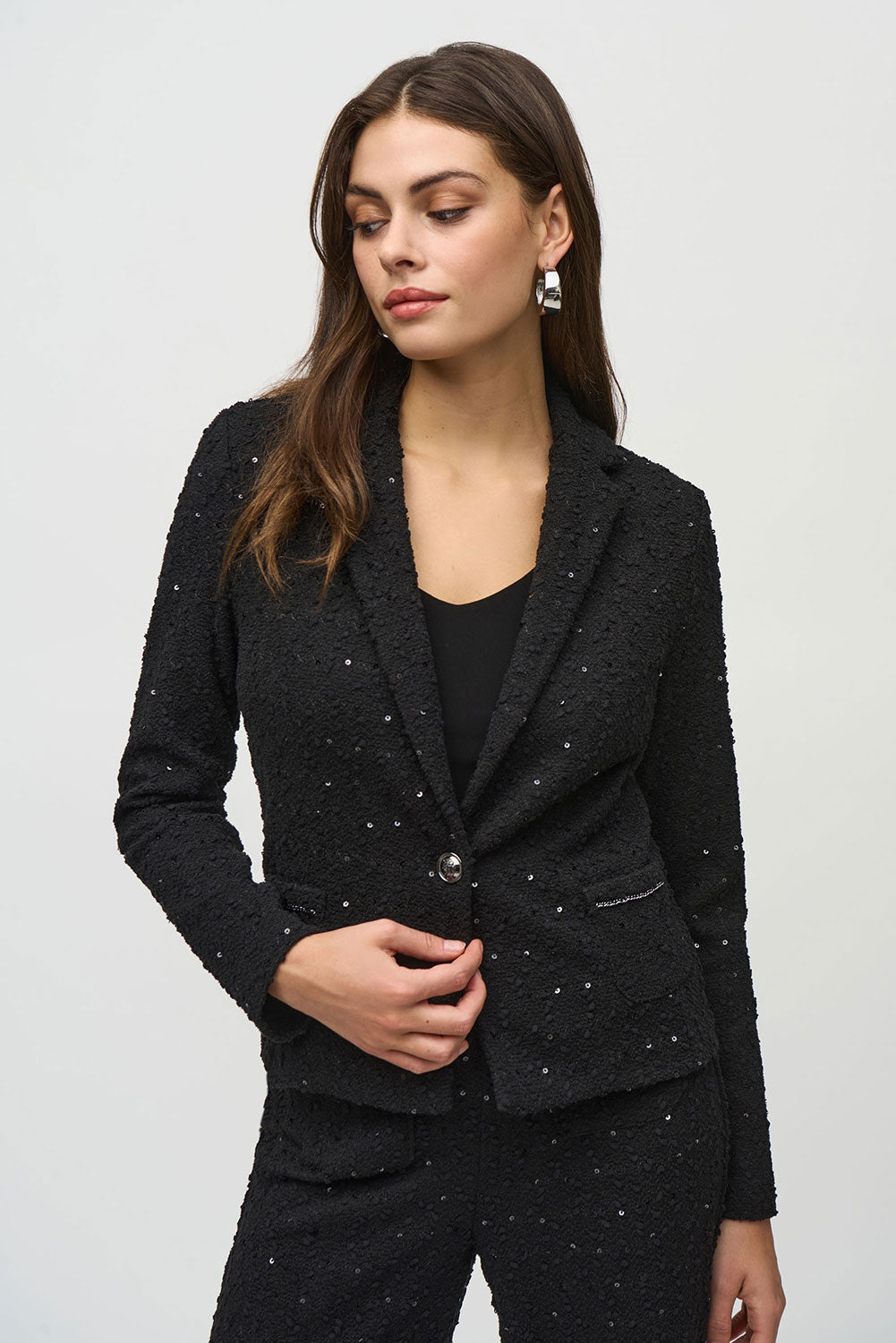 Joseph Ribkoff Sequin Bouclé Blazer with Chain Trim Detail Jr244203