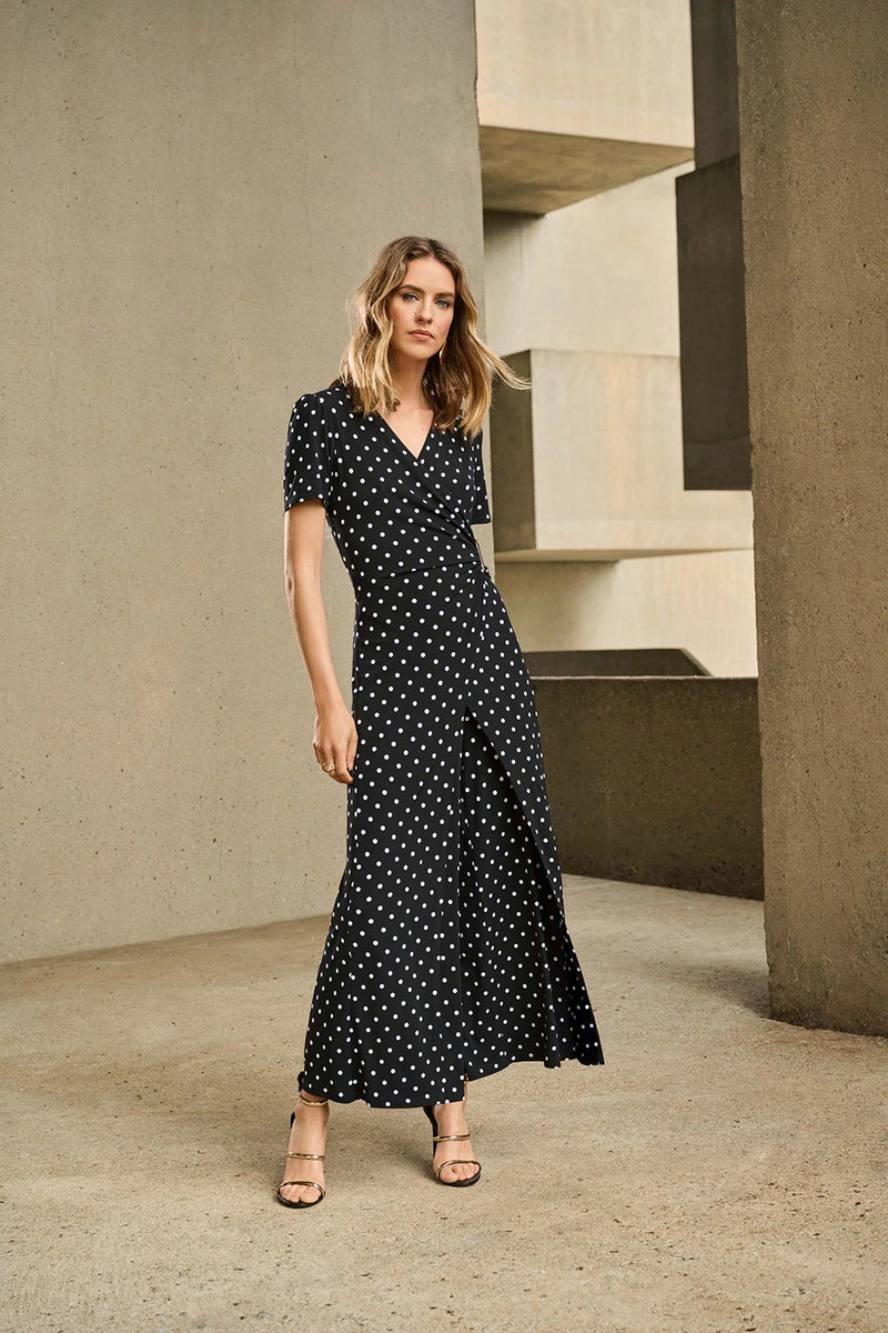 Joseph Ribkoff Silky Knit Dot Print Wrap Culotte Jumpsuit Jr251008