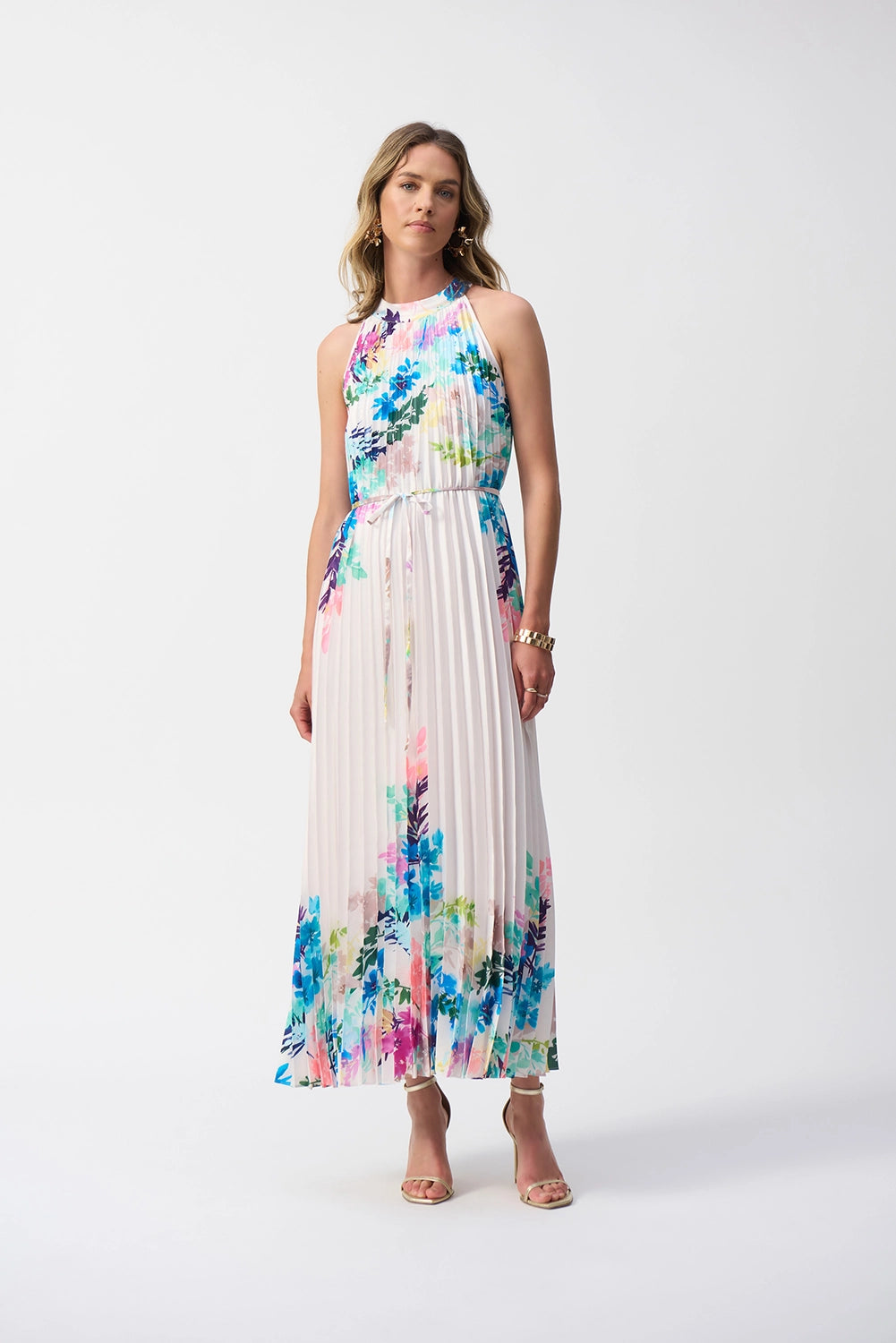 Joseph Ribkoff Pleated Satin Floral Print Maxi Dress Jr251904