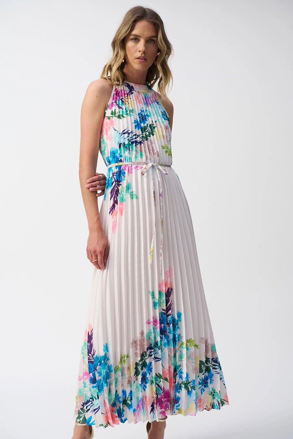 Joseph Ribkoff Pleated Satin Floral Print Maxi Dress Jr251904