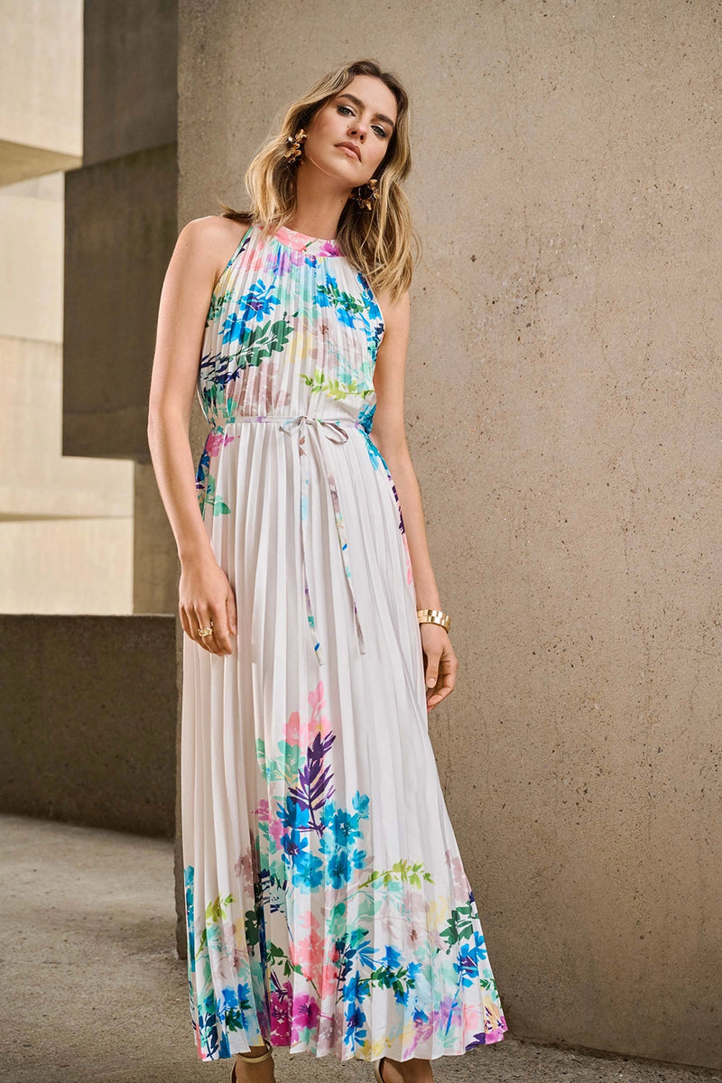 Joseph Ribkoff Pleated Satin Floral Print Maxi Dress Jr251904