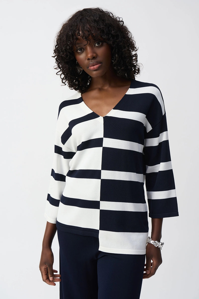 Joseph Ribkoff Striped Sweater Knit V-Neck Pullover Jr251914