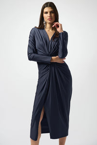 Joseph Ribkoff Signature | Satin Effect Knit Draped V-Neck Sheath Dress Jr253714