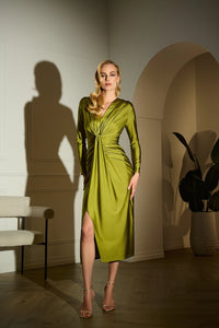 Joseph Ribkoff Signature | Satin Effect Knit Draped V-Neck Sheath Dress Jr253714