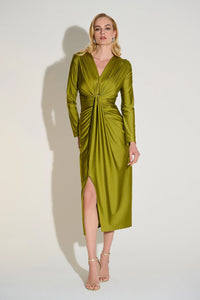 Joseph Ribkoff Signature | Satin Effect Knit Draped V-Neck Sheath Dress Jr253714