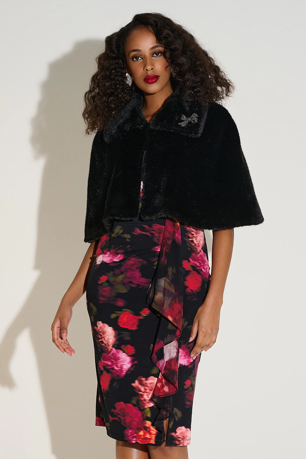Joseph Ribkoff  Faux Fur Cape with Crystal Brooch Jr253749