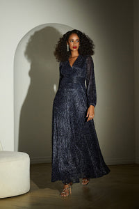 Joseph Ribkoff Lurex Plissé Mesh Wrap-Front Gown Jr253780