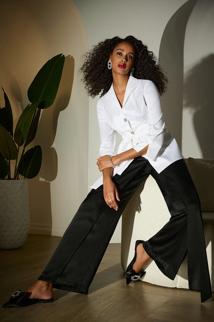 Joseph Ribkoff Satin Wide Leg Pants with Front Overlay Jr253788