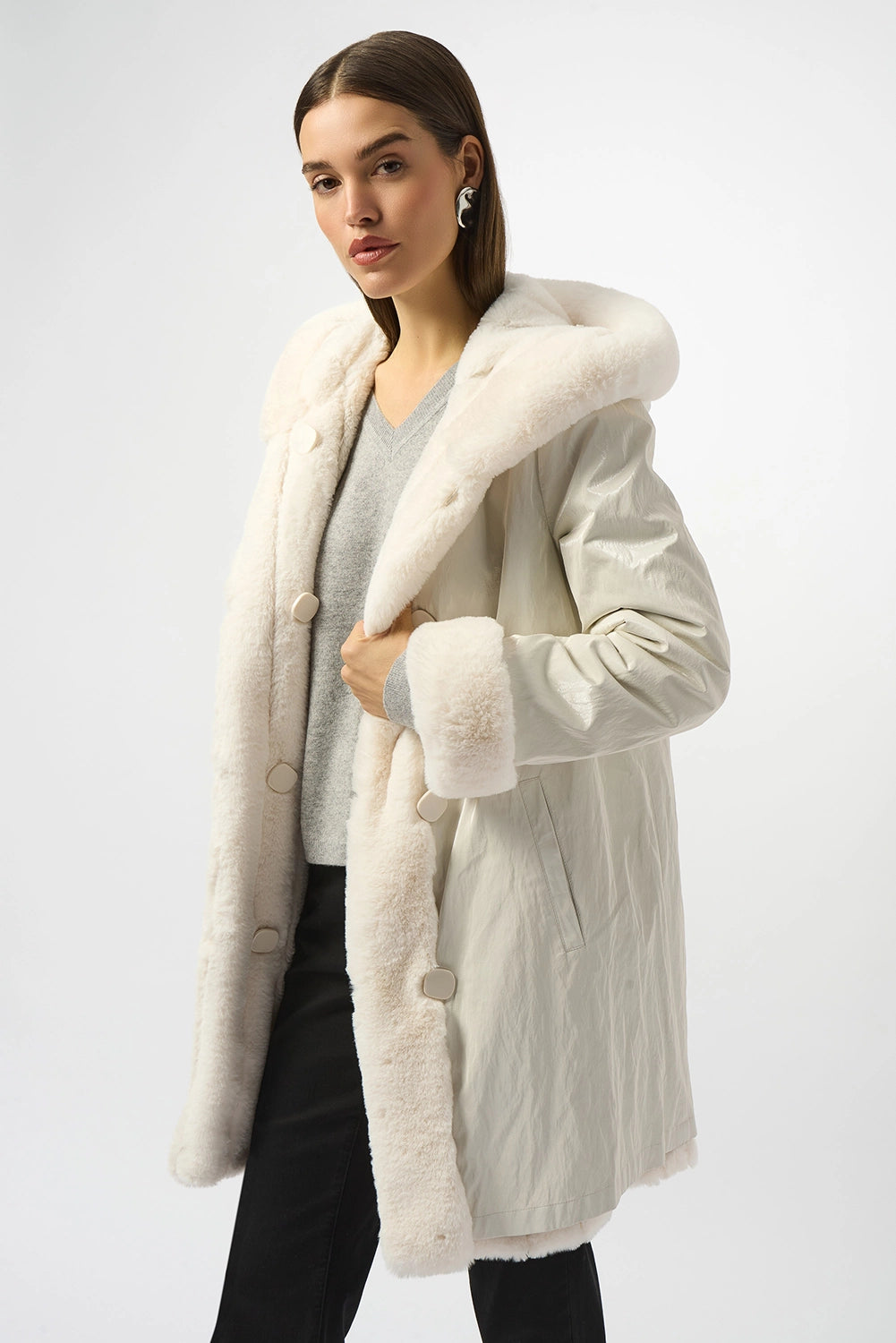 Joseph Ribkoff Faux Fur Reversible Hooded Coat Jr253926