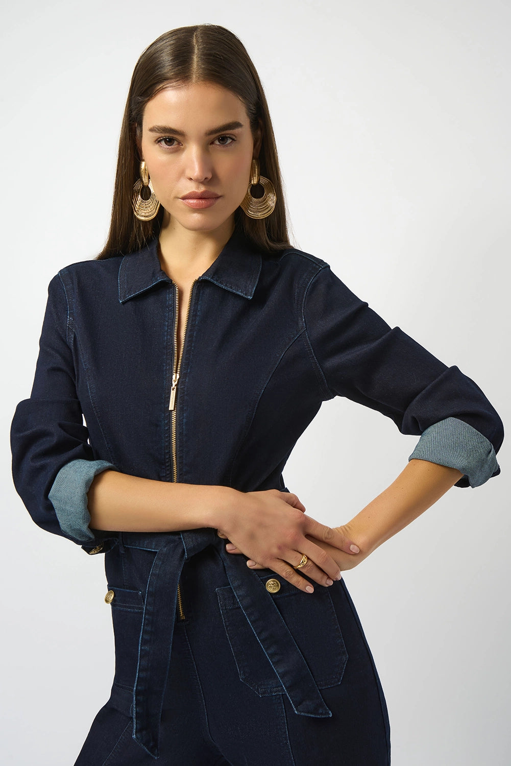 Joseph Ribkoff Stretch Denim Zip Front Wide-Leg Jumpsuit Jr253948
