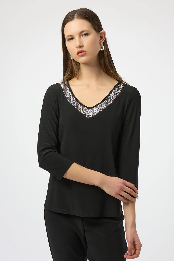 Joseph Ribkoff Silky Knit Straight Top With Sequins Detail Jr254025