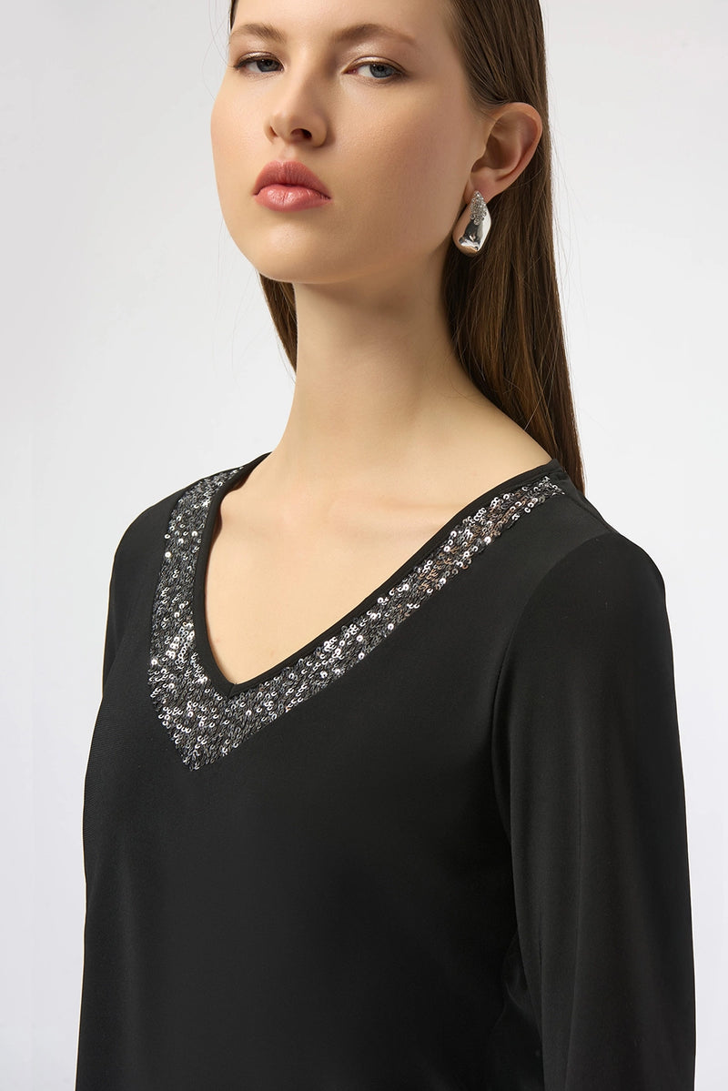 Joseph Ribkoff Silky Knit Straight Top With Sequins Detail Jr254025
