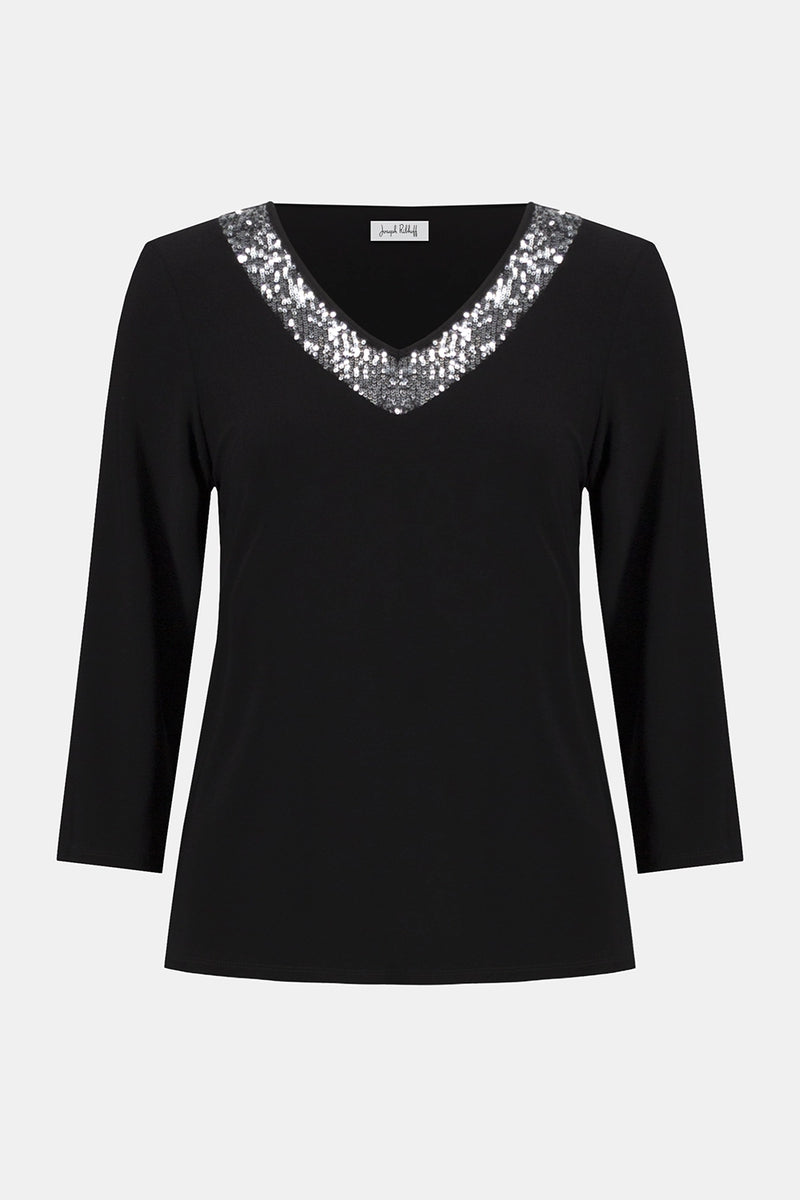 Joseph Ribkoff Silky Knit Straight Top With Sequins Detail Jr254025