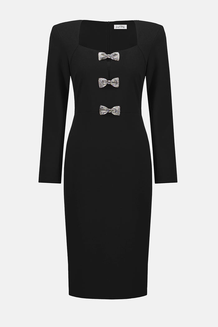 Joseph Ribkoff Scuba Crepe Sheath Dress With Rhinestone Bows Jr254053