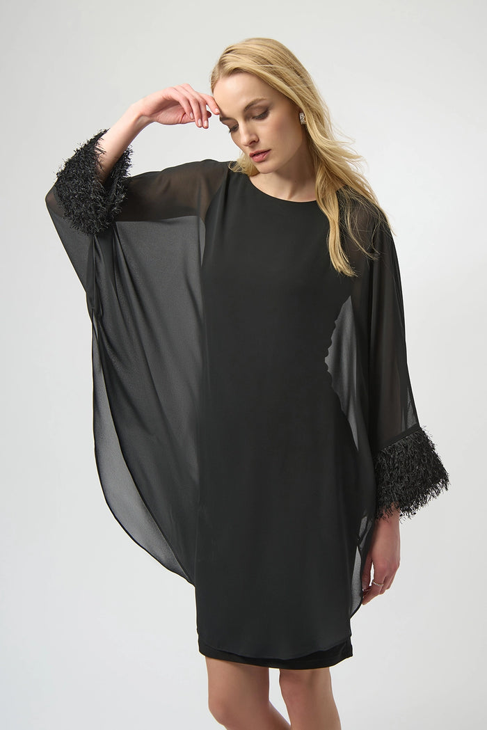 Joseph Ribkoff Silky Knit & Chiffon Layered Dress with Fringe Detail Jr254186
