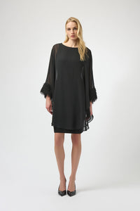 Joseph Ribkoff Silky Knit & Chiffon Layered Dress with Fringe Detail Jr254186