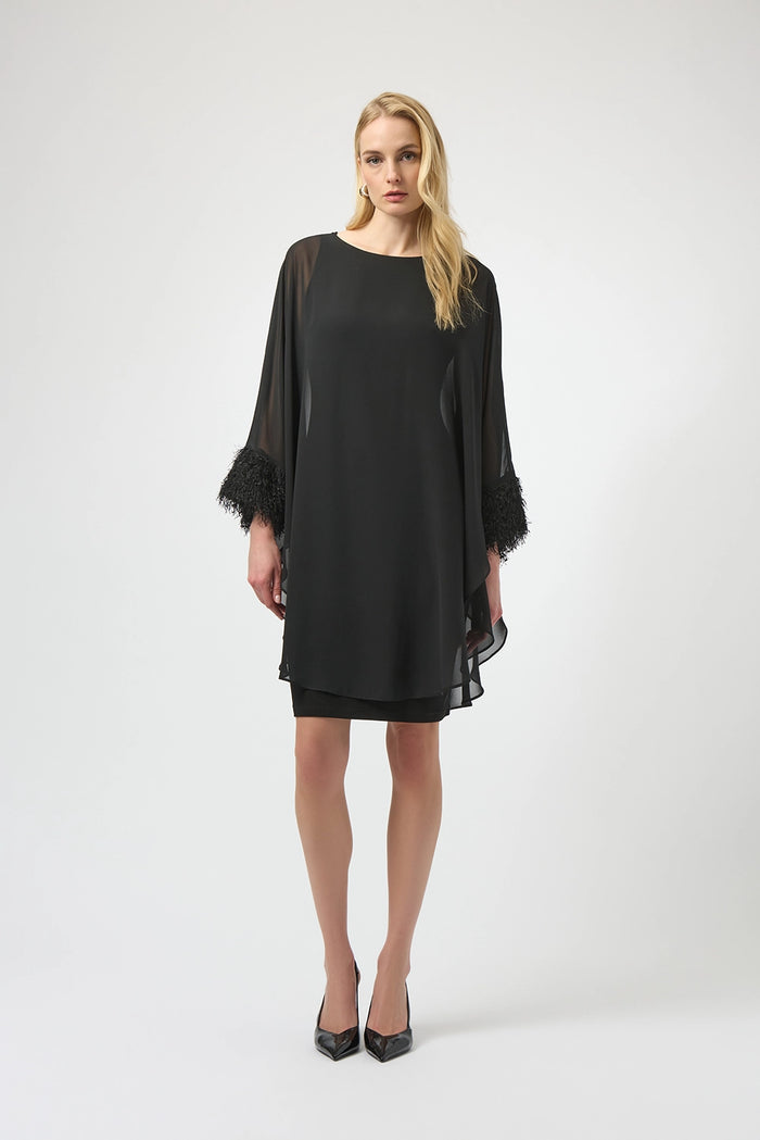 Joseph Ribkoff Silky Knit & Chiffon Layered Dress with Fringe Detail Jr254186