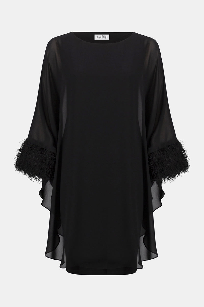 Joseph Ribkoff Silky Knit & Chiffon Layered Dress with Fringe Detail Jr254186
