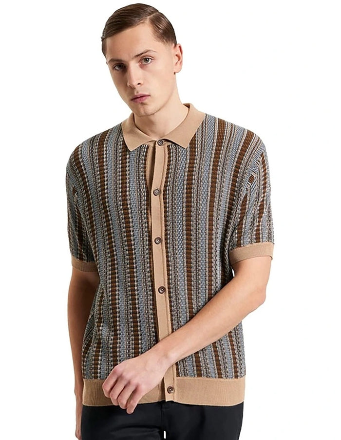Ben Sherman Textured Stripe Knitted Shirt in Dark Navy B1012372