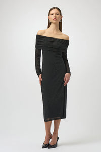 Joseph Ribkoff Rhinestone Mesh Off-Shoulder Midi Dress Jr254913