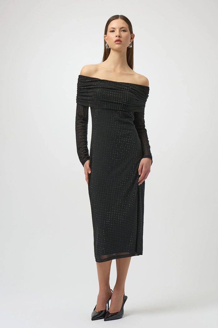 Joseph Ribkoff Rhinestone Mesh Off-Shoulder Midi Dress Jr254913