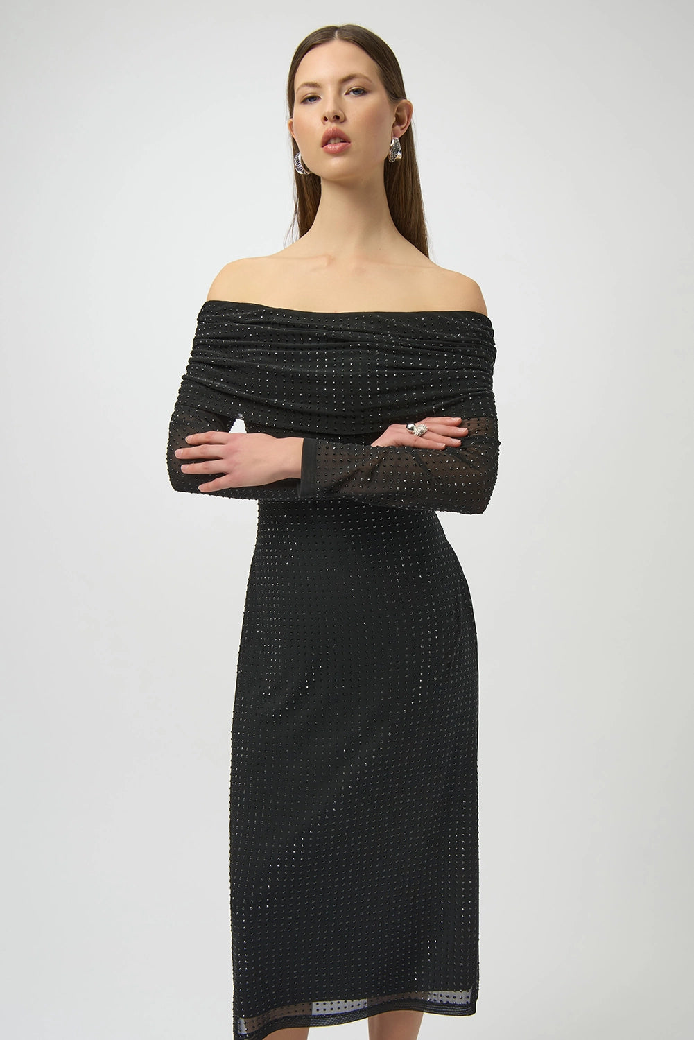 Joseph Ribkoff Rhinestone Mesh Off-Shoulder Midi Dress Jr254913