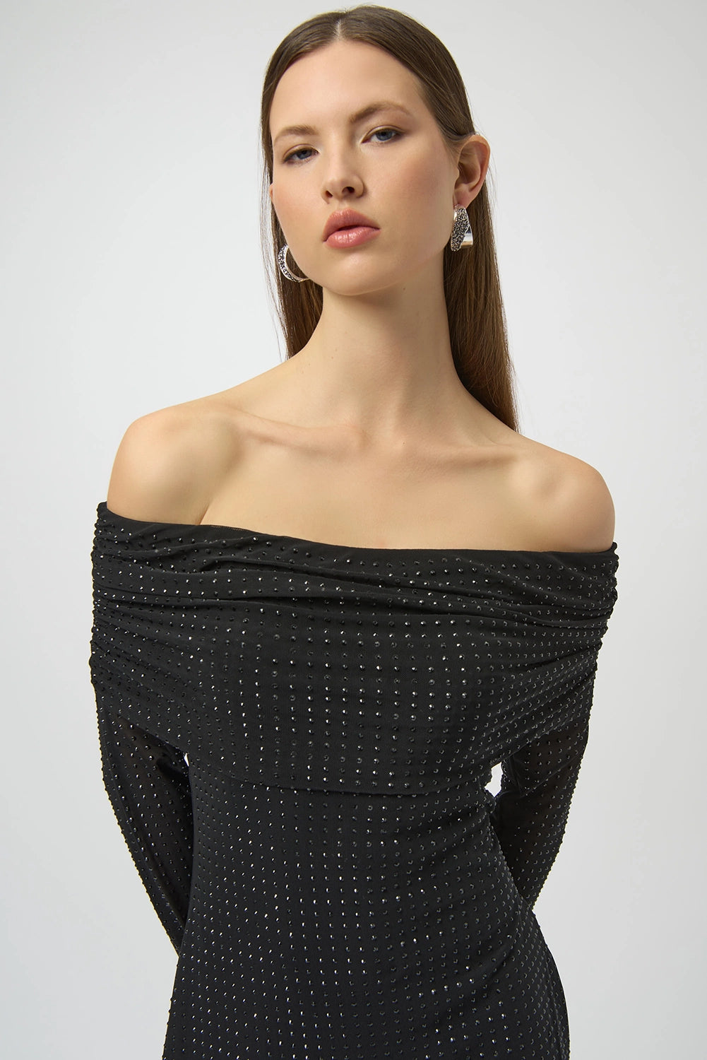 Joseph Ribkoff Rhinestone Mesh Off-Shoulder Midi Dress Jr254913