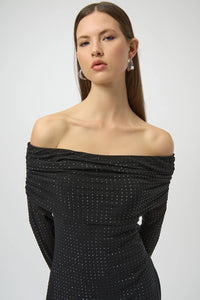 Joseph Ribkoff Rhinestone Mesh Off-Shoulder Midi Dress Jr254913