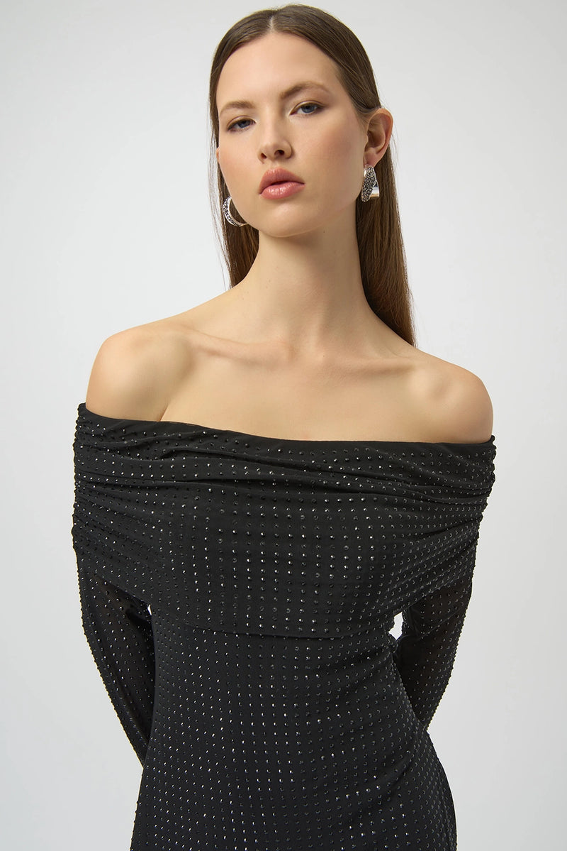 Joseph Ribkoff Rhinestone Mesh Off-Shoulder Midi Dress Jr254913