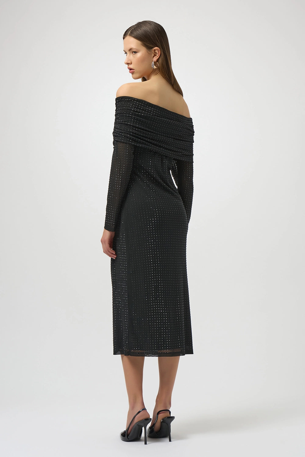 Joseph Ribkoff Rhinestone Mesh Off-Shoulder Midi Dress Jr254913