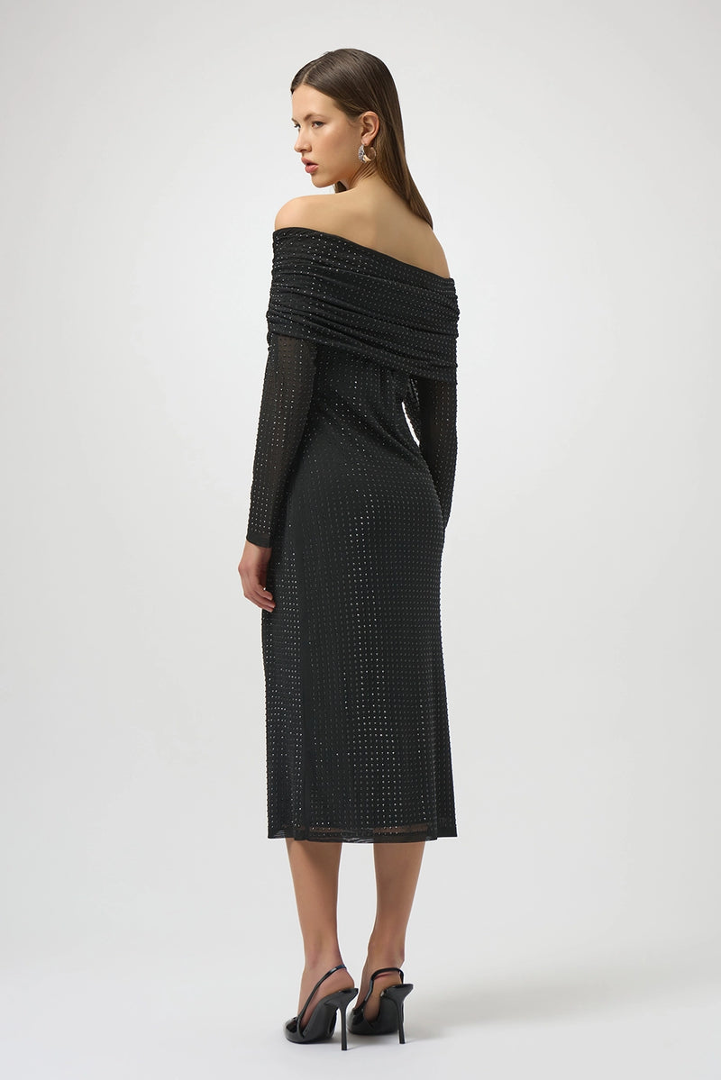 Joseph Ribkoff Rhinestone Mesh Off-Shoulder Midi Dress Jr254913