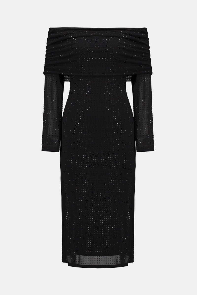 Joseph Ribkoff Rhinestone Mesh Off-Shoulder Midi Dress Jr254913