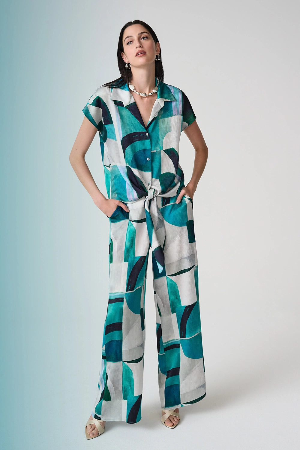 Joseph Ribkoff Textured Satin Geometric Print Wide Leg Pull-On Pants Jr261042